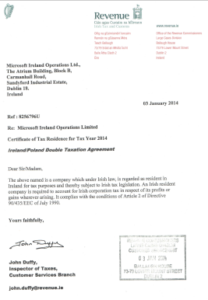 Certyfikat rezydencji podatkowej Microsoft 2014