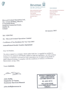 Certyfikat rezydencji podatkowej Microsoft 2015