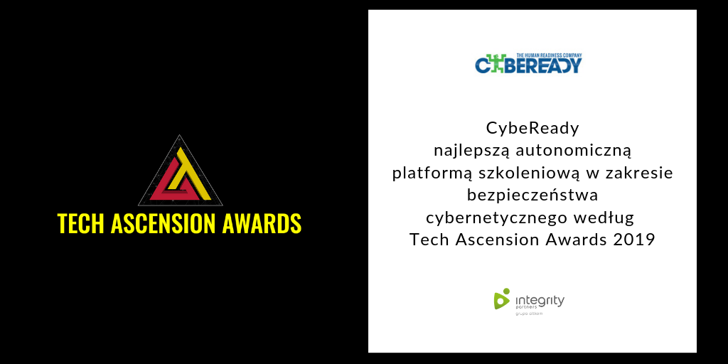 CybeReady z nagrodą Tech Ascension Awards za najlepszą platformę szkoleniową w zakresie bezpieczeństwa cybernetycznego.
