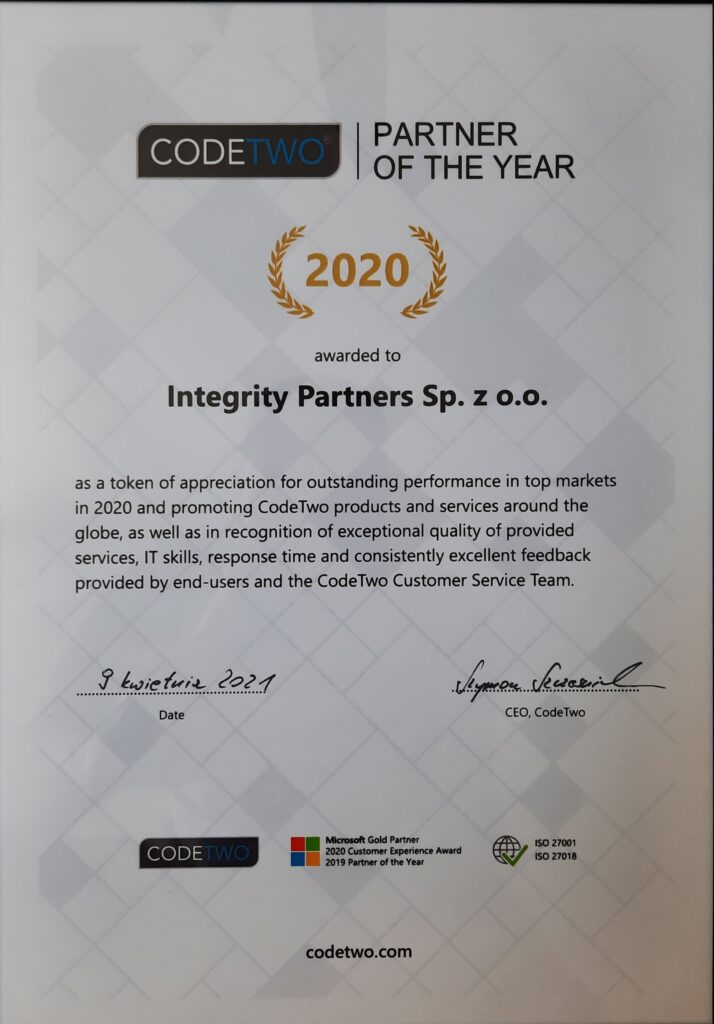 Nagroda Partner of the Year 2020 od CodeTwo