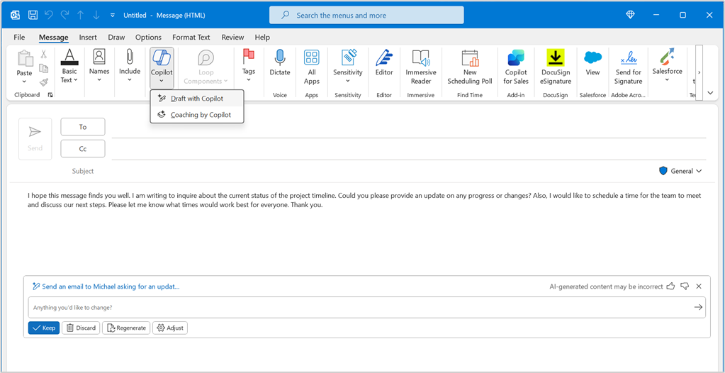 Obraz przedstawiający wiadomość skomponowaną w klasycznym Outlooku dla Windows, z klikniętą ikoną Copilota, która ujawnia opcje tworzenia szkicu i coachingu.
